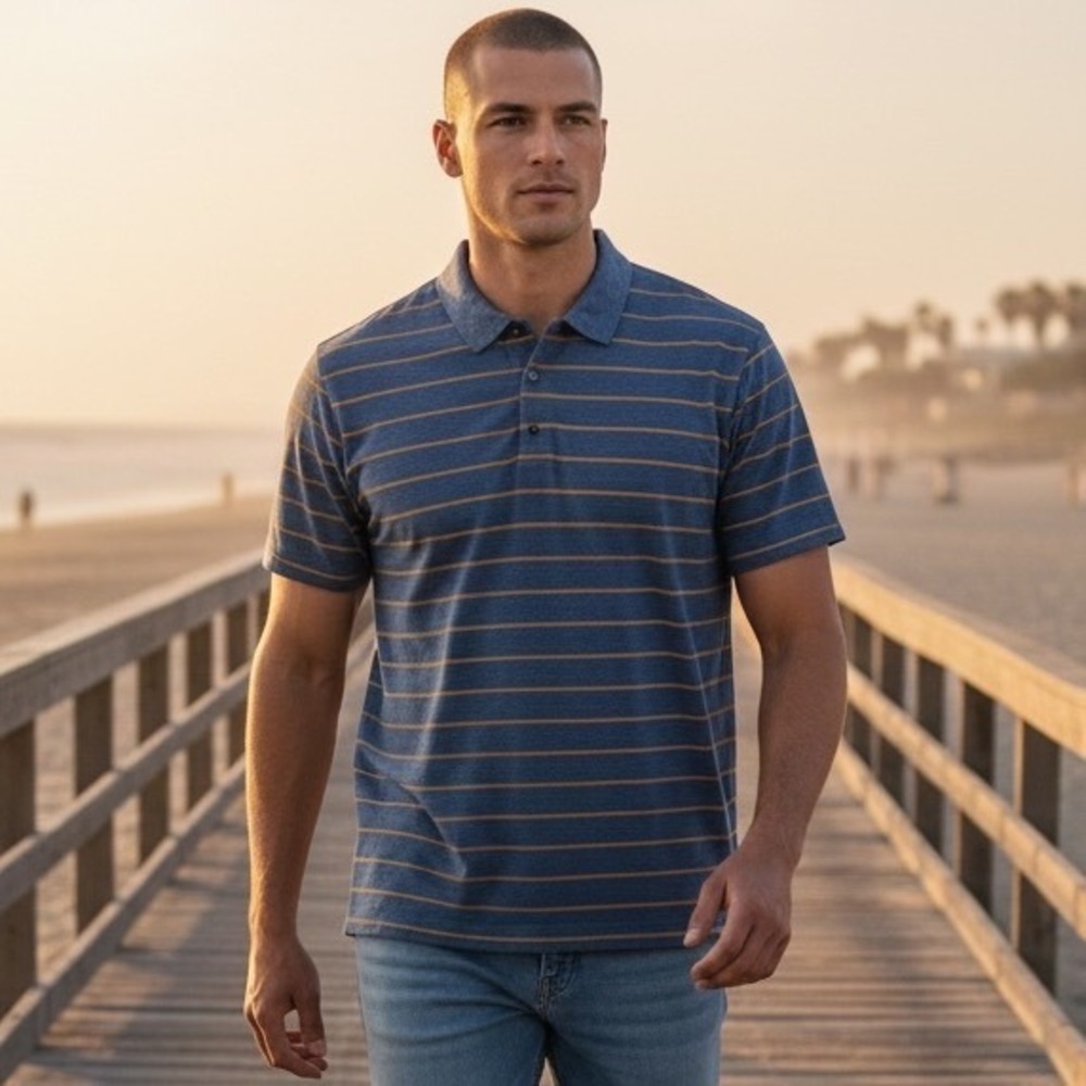 Tasc Performance Mens XXL Blue Orange Striped Bamboo Cotton Polo Shirt SN 17 01